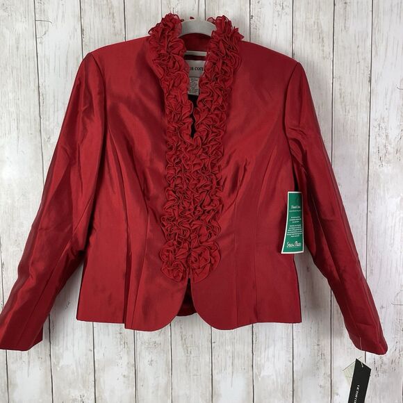 Victor Costa Jacket Sz 10 Silk Blend Red Ruffles Shimmer Blazer Zip Fron… - Picture 1 of 13